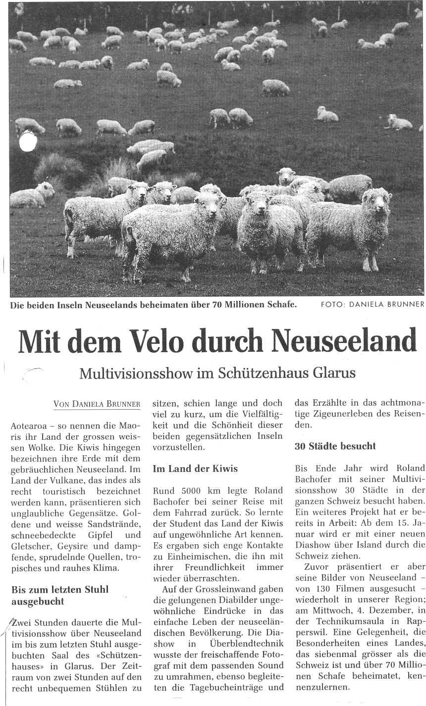 Zeitungsartikel "Mit dem Velo durch Neuseeland", Rest. Schützenhaus Glarus