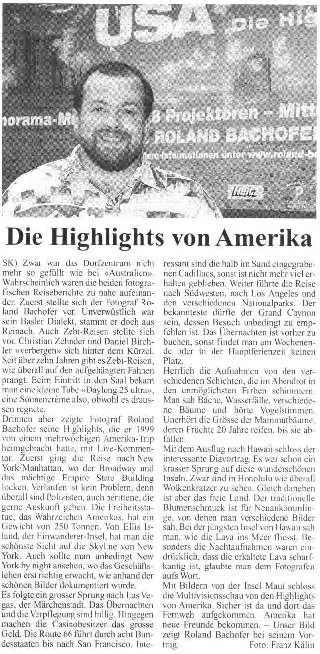 Zeitungsartikel "Die Highlights von Amerika", Kultur- und Kongresszentrum Einsiedeln